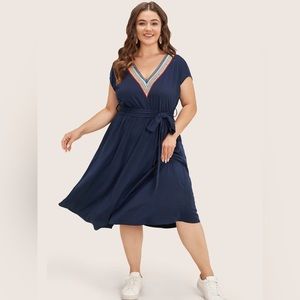 Plain Contrast Lace Belted Pocket Batwing Sleeve Dress - 3XL